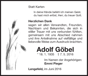 Traueranzeige von Adolf Göbel von Waldeckische Landeszeitung