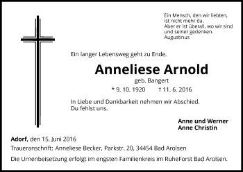 Traueranzeige von Anneliese Arnold von Waldeckische Landeszeitung