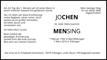 Traueranzeige von Heinz Joachim Mensing von Waldeckische Landeszeitung