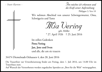 Traueranzeige von Mia Vering von Waldeckische Landeszeitung