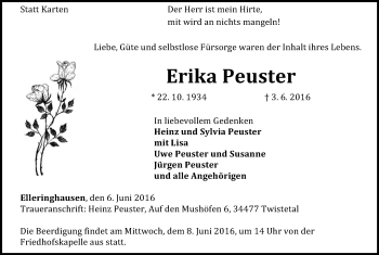 Traueranzeige von Erika Peuster von Waldeckische Landeszeitung