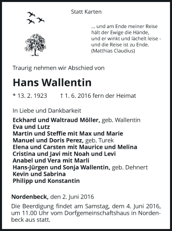 Traueranzeige von Hans Wallentin von Waldeckische Landeszeitung