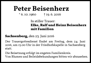 Traueranzeige von Peter Beisenherz von Waldeckische Landeszeitung