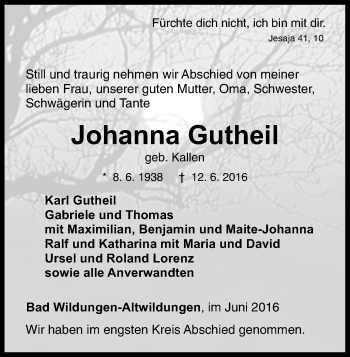 Traueranzeige von Johanna Gutheil von Waldeckische Landeszeitung