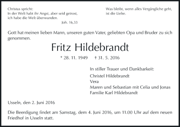 Traueranzeige von Fritz Hildebrandt von Waldeckische Landeszeitung