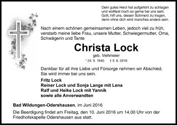 Traueranzeige von Christa Lock von Waldeckische Landeszeitung