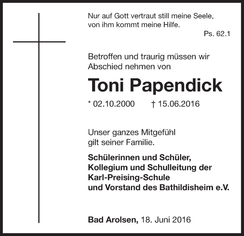  Traueranzeige für Toni Papendick vom 18.06.2016 aus Waldeckische Landeszeitung