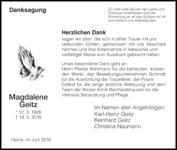 Traueranzeige von Magdalene Geitz von Waldeckische Landeszeitung