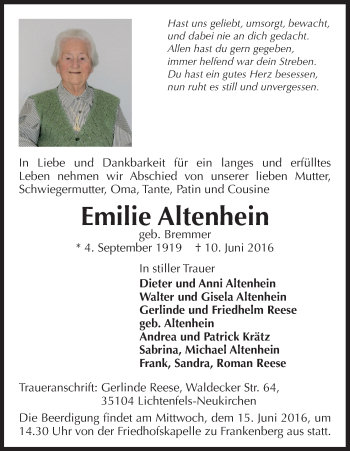 Traueranzeige von Emilie Altenhein von Waldeckische Landeszeitung