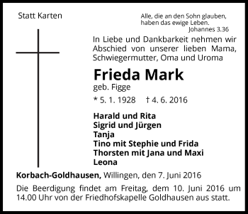 Traueranzeige von Frieda Mark von Waldeckische Landeszeitung