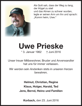 Traueranzeige von Uwe Prieske von Waldeckische Landeszeitung