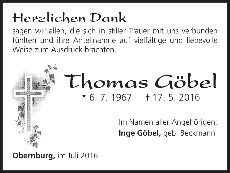  Traueranzeige für Thomas Göbel vom 16.07.2016 aus Waldeckische Landeszeitung