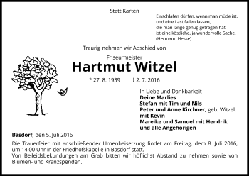 Traueranzeige von Hartmut Witzel von Waldeckische Landeszeitung