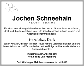 Traueranzeige von Jochen Schneehain von Waldeckische Landeszeitung