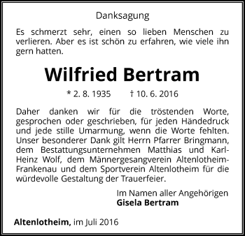 Traueranzeige von Wilfried Bertram von Waldeckische Landeszeitung