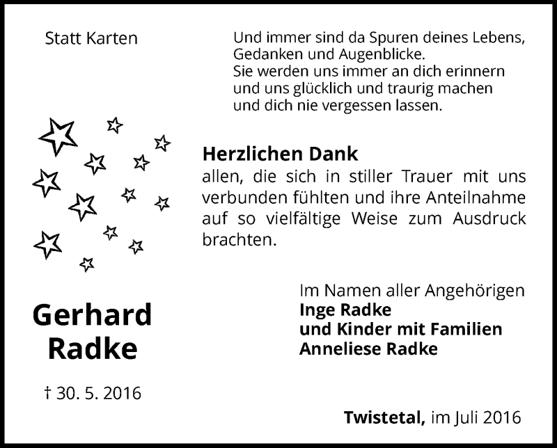  Traueranzeige für Gerhard Radke vom 22.07.2016 aus Waldeckische Landeszeitung