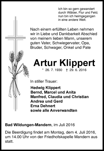 Traueranzeige von Artur Klippert von Waldeckische Landeszeitung