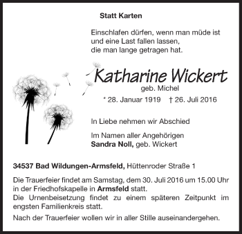 Traueranzeige von Katharine Wickert von Waldeckische Landeszeitung