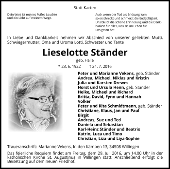 Traueranzeige von Lieselotte Ständer von Waldeckische Landeszeitung