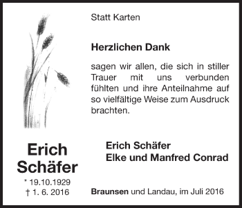 Traueranzeige von Erich Schäfer von Waldeckische Landeszeitung