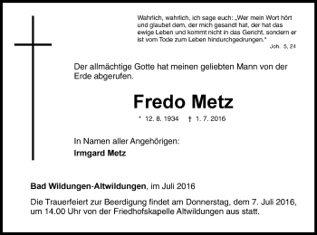 Traueranzeige von Fredo Metz von Waldeckische Landeszeitung