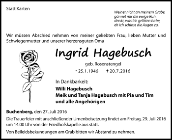 Traueranzeige von Ingrid Hagebusch von Waldeckische Landeszeitung