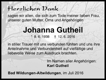 Traueranzeige von Johanna Gutheil von Waldeckische Landeszeitung