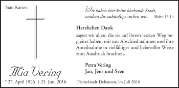 Traueranzeige von Mia Vering von Waldeckische Landeszeitung