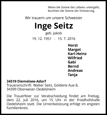 Traueranzeige von Inge Seitz von Waldeckische Landeszeitung