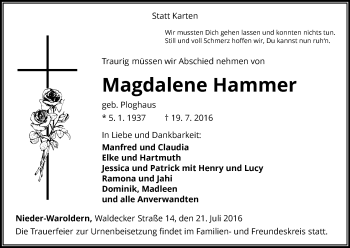 Traueranzeige von Magdalene Hammer von Waldeckische Landeszeitung