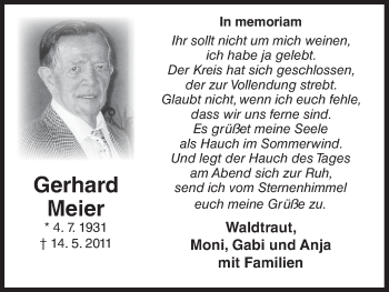 Traueranzeige von Gerhard Meier von Waldeckische Landeszeitung