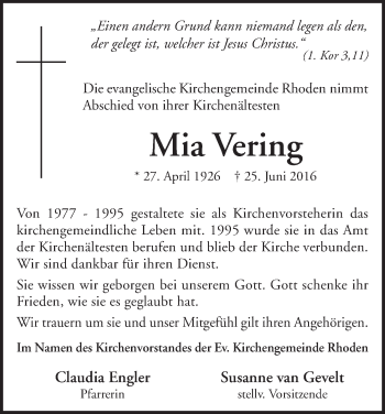 Traueranzeige von Mia Vering von Waldeckische Landeszeitung