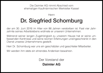 Traueranzeige von Siegfried Schomburg von Waldeckische Landeszeitung