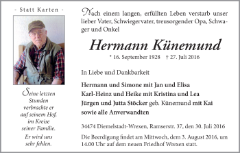 Traueranzeige von Hermann Künemund von Waldeckische Landeszeitung
