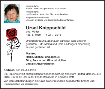 Traueranzeige von Ursel Knippschild von Waldeckische Landeszeitung