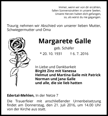 Traueranzeige von Margarete Galle von Waldeckische Landeszeitung