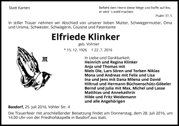 Traueranzeige von Elfriede Klinker von Waldeckische Landeszeitung