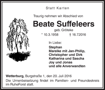 Traueranzeige von Beate Suffeleers von Waldeckische Landeszeitung