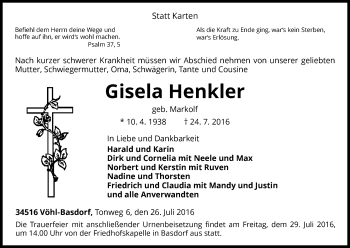 Traueranzeige von Gisela Henkler von Waldeckische Landeszeitung