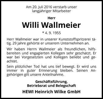 Traueranzeige von Willi Wallmeier von Waldeckische Landeszeitung