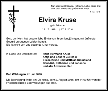 Traueranzeige von Elvira Kruse von Waldeckische Landeszeitung