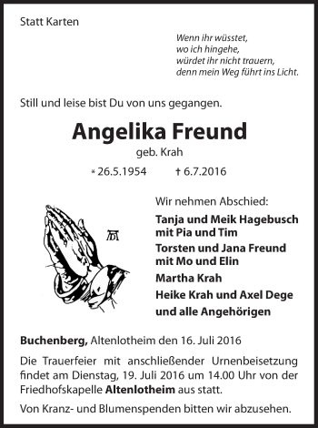 Traueranzeige von Angelika Freund von Waldeckische Landeszeitung