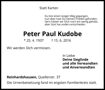 Traueranzeige von Peter Paul Kudobe von Waldeckische Landeszeitung