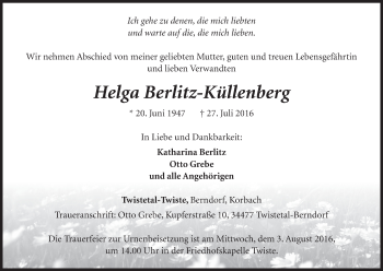 Traueranzeige von Helga Berlitz-Küllenberg von Waldeckische Landeszeitung