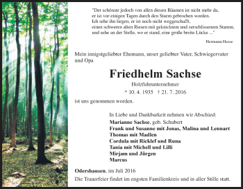 Traueranzeige von Friedhelm Sachse von Waldeckische Landeszeitung