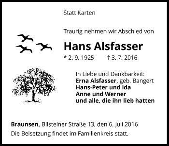 Traueranzeige von Hans Alsfasser von Waldeckische Landeszeitung