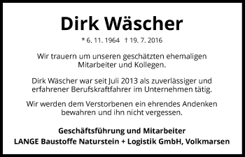 Traueranzeige von Dirk Wäscher von Waldeckische Landeszeitung
