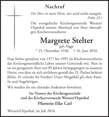 Traueranzeige von Margrete Stelter von Waldeckische Landeszeitung