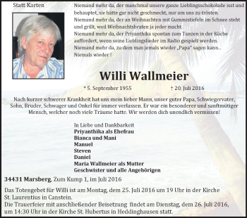 Traueranzeige von Willi Wallmeier von Waldeckische Landeszeitung