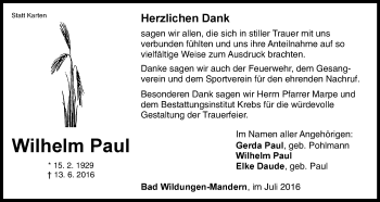 Traueranzeige von Wilhelm Paul von Waldeckische Landeszeitung